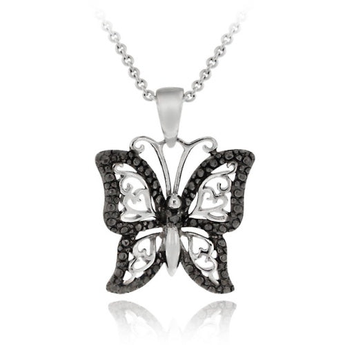 Sterling Silver Black Diamond Accent Filigree Butterfly Pendant
