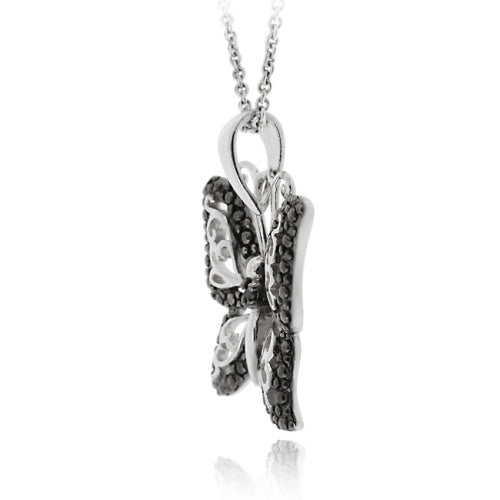 Sterling Silver Black Diamond Accent Filigree Butterfly Pendant-3