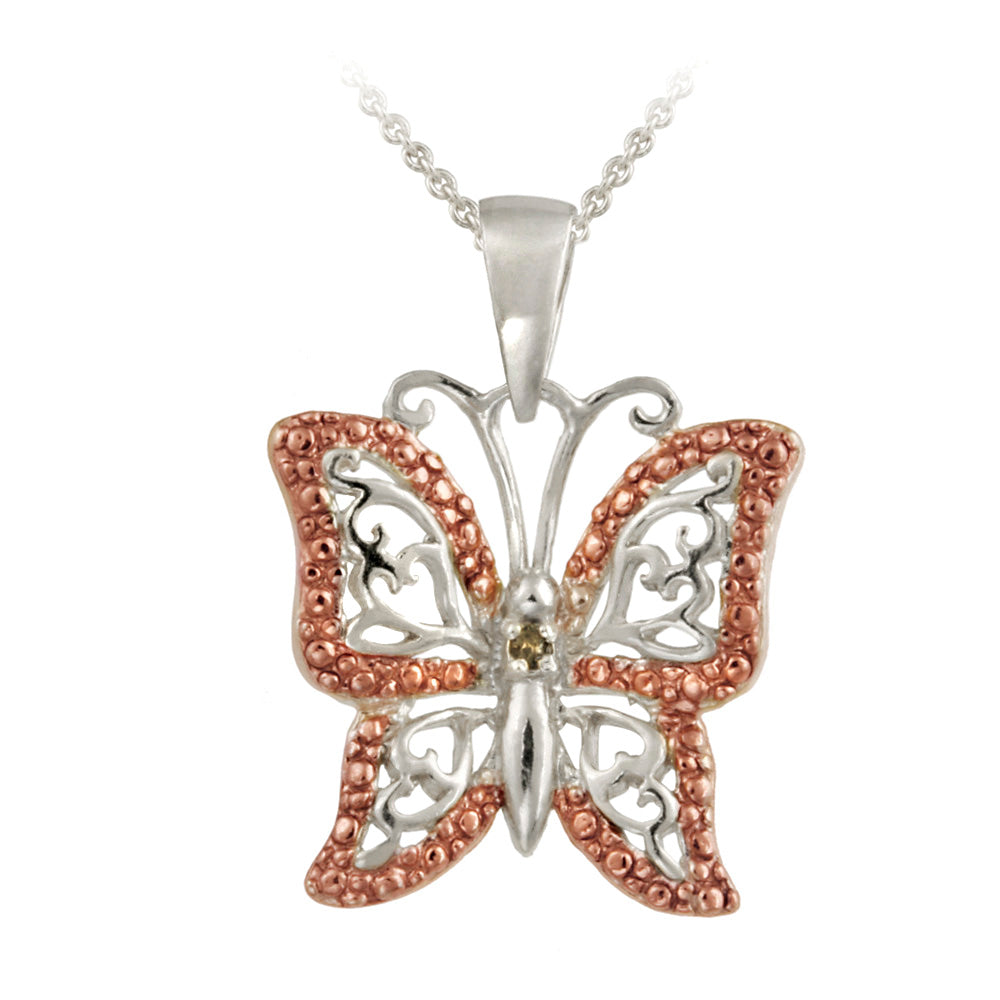 Sterling Silver Two-Tone Rose Gold Champagne Diamond Accent Butterfly Necklace