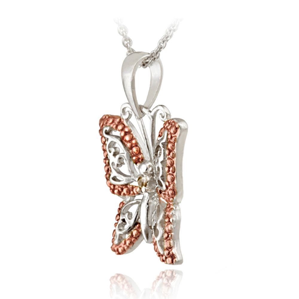 Sterling Silver Two-Tone Rose Gold Champagne Diamond Accent Butterfly Necklace-2