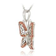 Sterling Silver Two-Tone Rose Gold Champagne Diamond Accent Butterfly Necklace