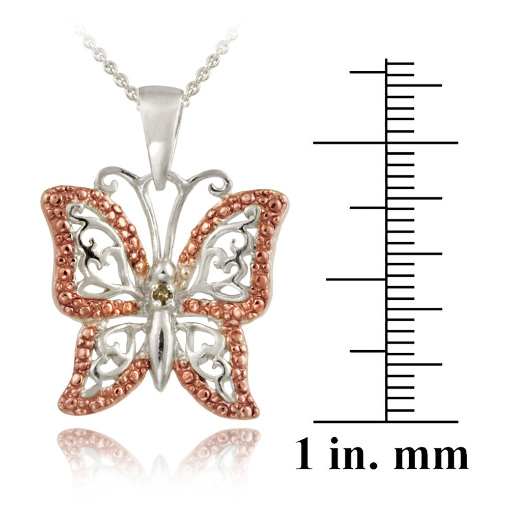Sterling Silver Two-Tone Rose Gold Champagne Diamond Accent Butterfly Necklace-3