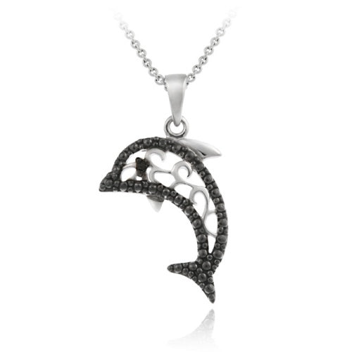 Sterling Silver Black Diamond Accent Dolphin Filigree Pendant-2