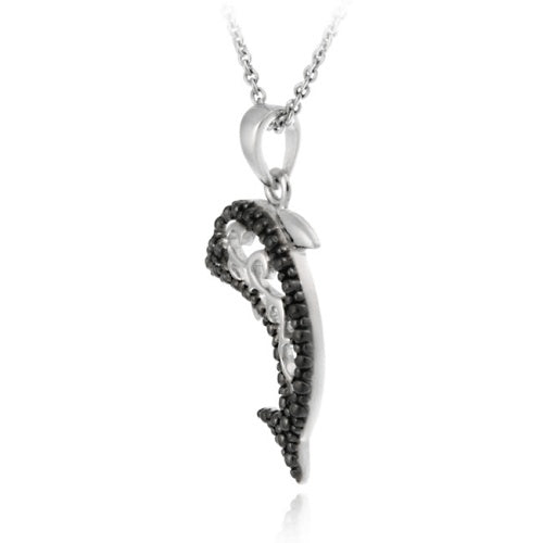 Sterling Silver Black Diamond Accent Dolphin Filigree Pendant-3