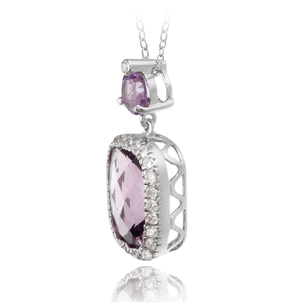 Sterling Silver 8ct Amethyst & CZ Rectangular Necklace-2