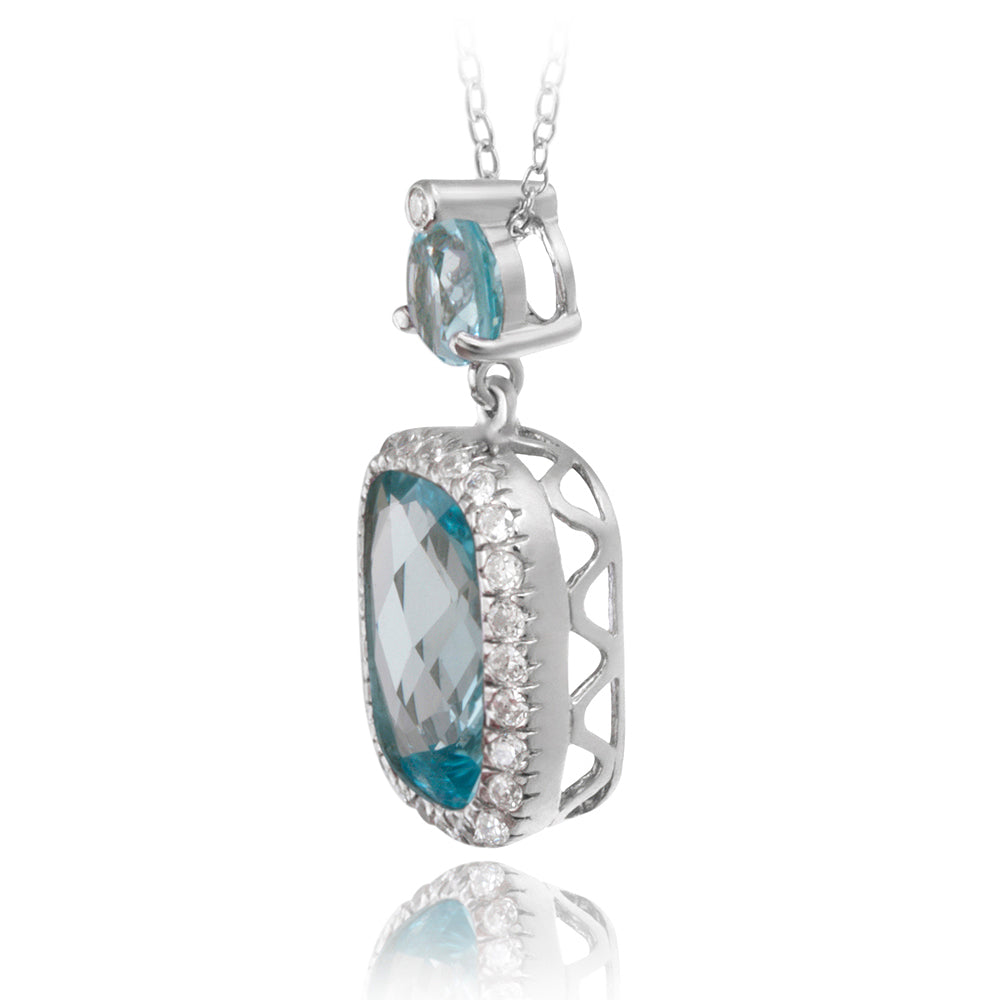 Sterling Silver 10ct Blue Topaz & CZ Rectangular Necklace-2