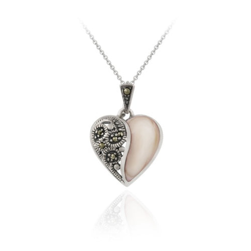 Sterling Silver Marcasite Pink Shell Heart Pendant