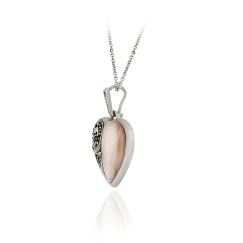 Sterling Silver Marcasite Pink Shell Heart Pendant-2