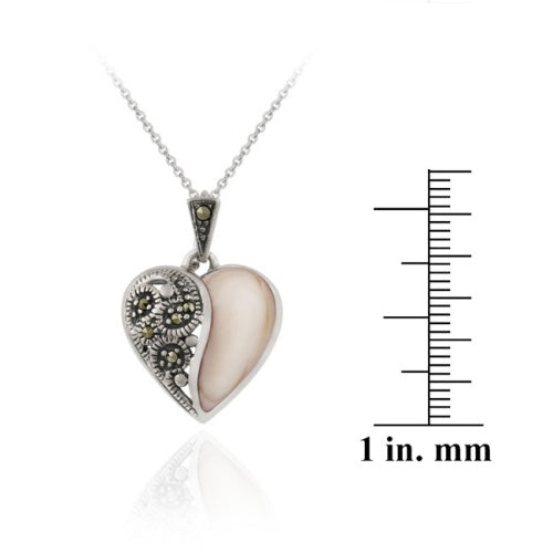 Sterling Silver Marcasite Pink Shell Heart Pendant-3