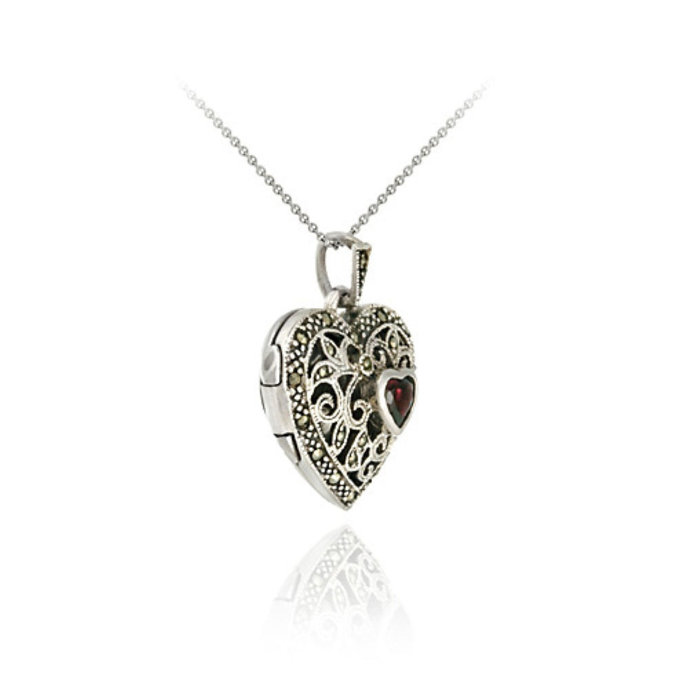 Sterling Silver Marcasite and Garnet Filigree Heart Locket Pendant-2