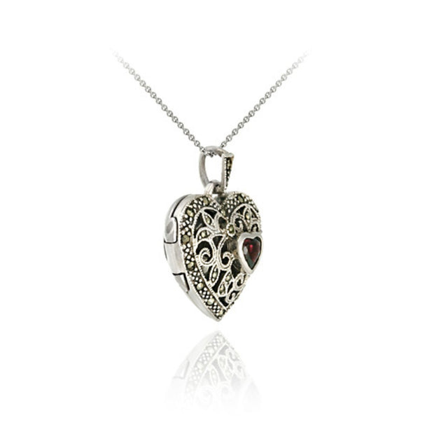 Sterling Silver Marcasite and Garnet Filigree Heart Locket Pendant