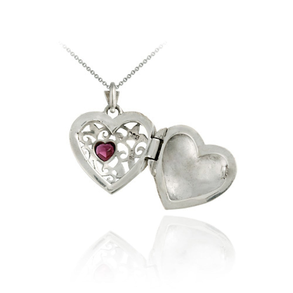 Sterling Silver Marcasite and Garnet Filigree Heart Locket Pendant-3