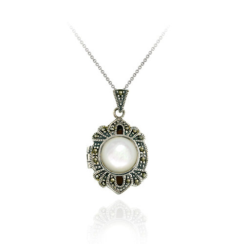 Sterling Silver Mother of Pearl and Marcasite Locket Pendant