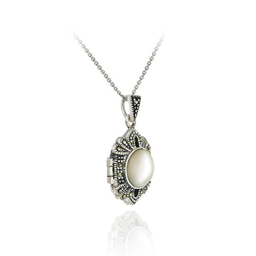 Sterling Silver Mother of Pearl and Marcasite Locket Pendant-3