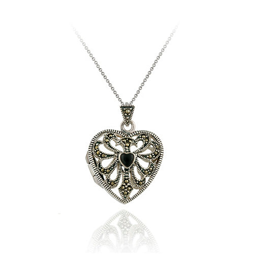 Sterling Silver Marcasite & Onyx Filigree Heart Locket Pendant