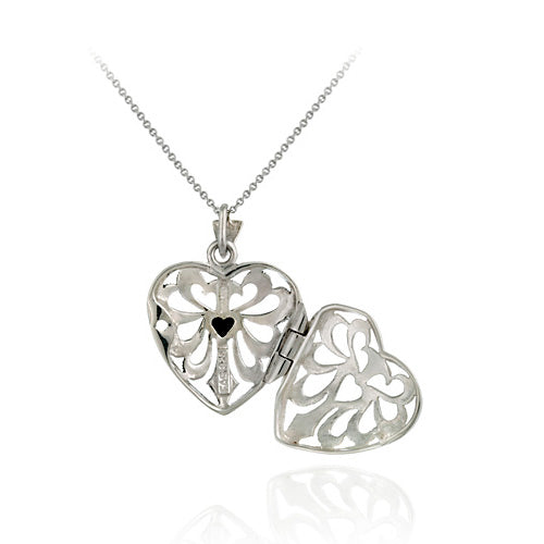 Sterling Silver Marcasite & Onyx Filigree Heart Locket Pendant-2
