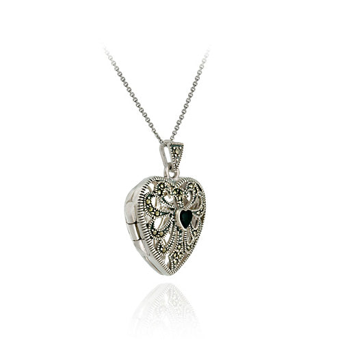 Sterling Silver Marcasite & Onyx Filigree Heart Locket Pendant-3