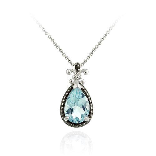 Sterling Silver 3.7ct. TGW Blue Topaz and Black Diamond Accent Pear Shaped Pendant