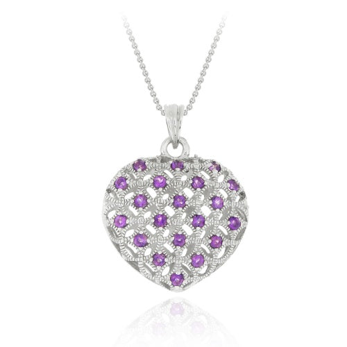 Sterling Silver Genuine Amethyst Puffed Heart Pendant