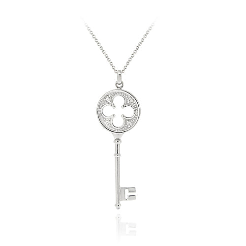 Sterling Silver Designer Inspired CZ Four Leaf Clover Key Pendant