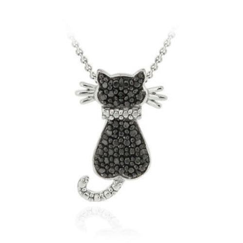 Sterling Silver Black Diamond Accent Cat Slide Pendant