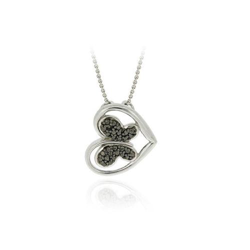 Sterling Silver Black Diamond Accent Butterfly in Heart Slide Pendant