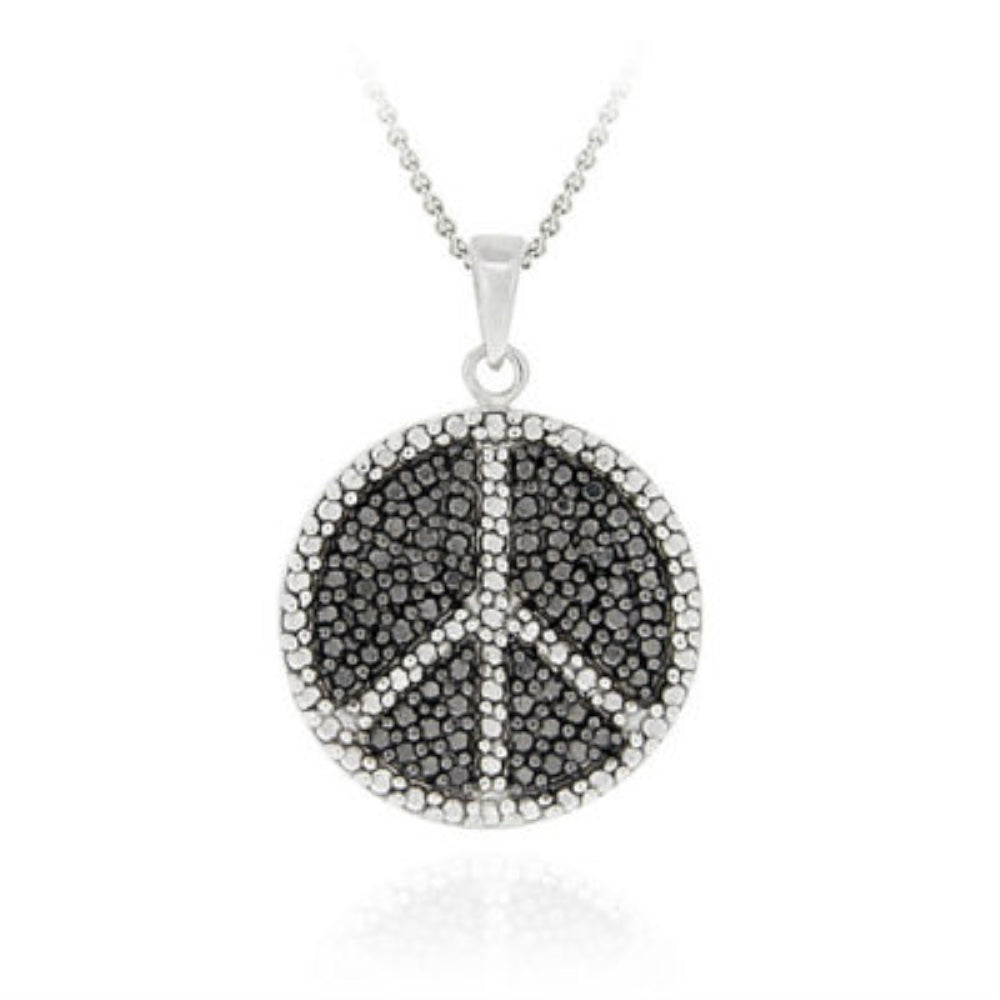Sterling Silver Black Diamond Accent Peace Sign Disc Pendant