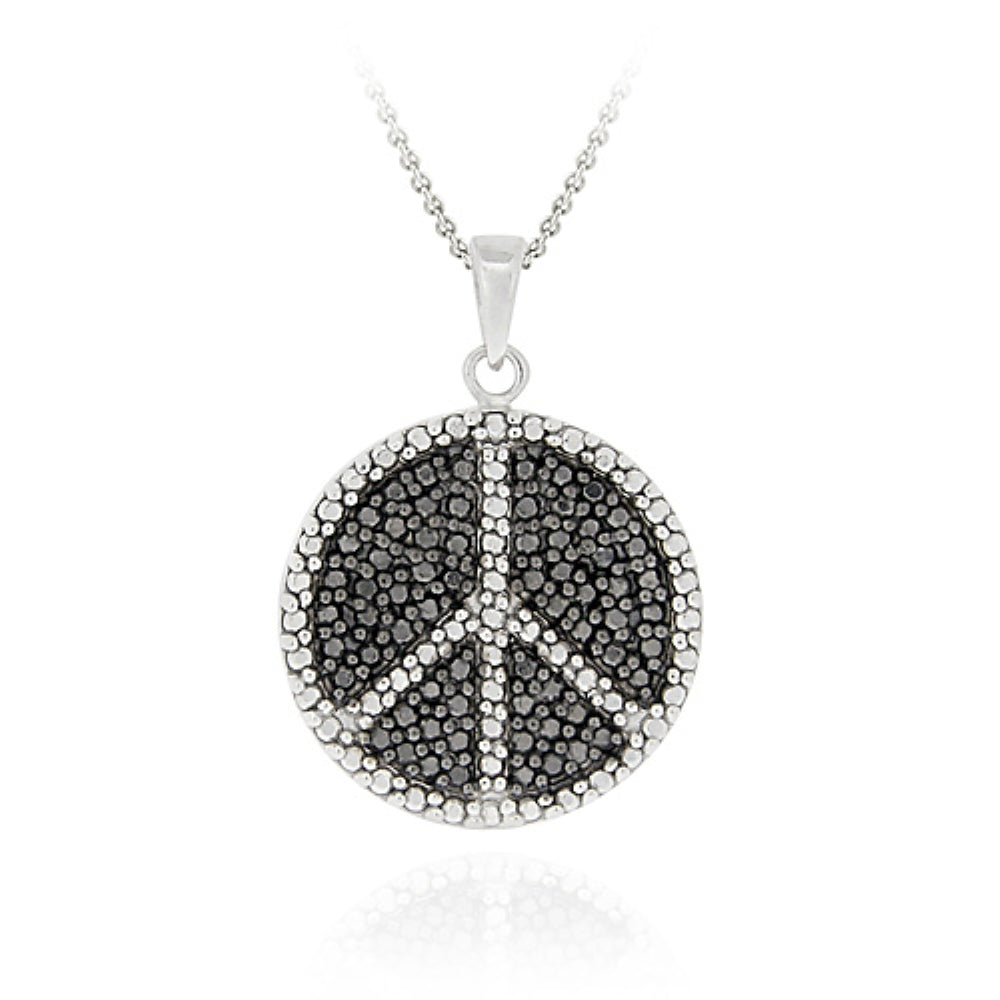 Sterling Silver Black Diamond Accent Peace Sign Disc Pendant-2