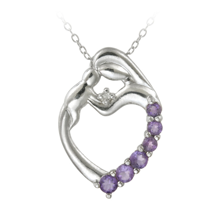Sterling Silver Amethyst & Diamond Accent Mother and Baby Heart Necklace