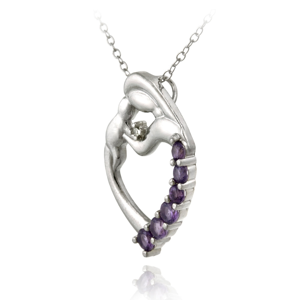 Sterling Silver Amethyst & Diamond Accent Mother and Baby Heart Necklace-2