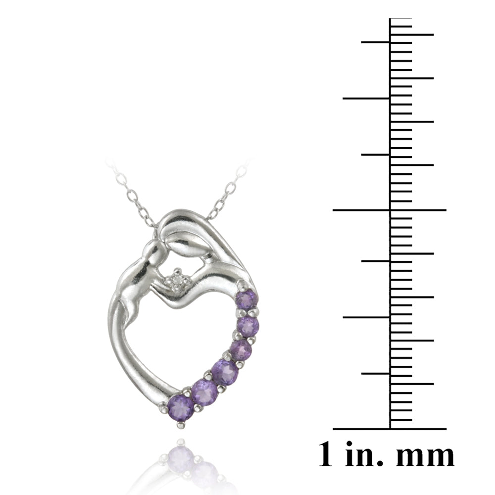 Sterling Silver Amethyst & Diamond Accent Mother and Baby Heart Necklace-3