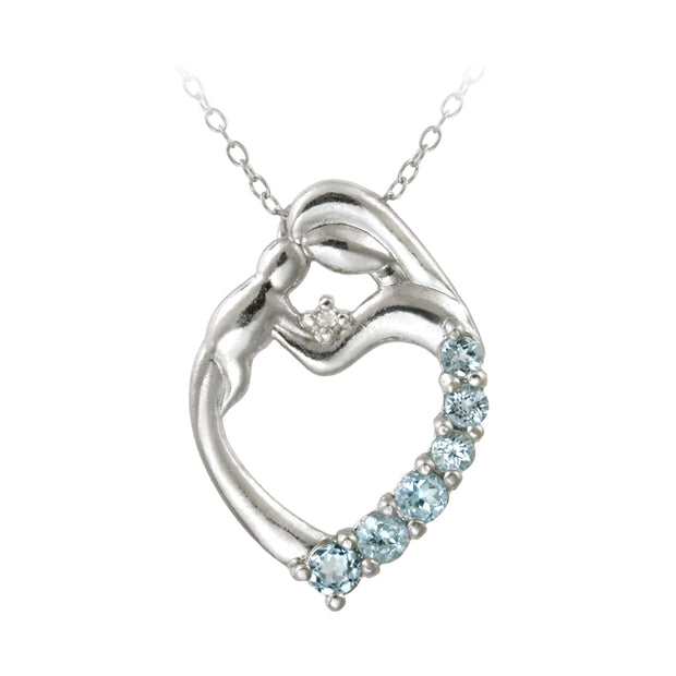 Sterling Silver Blue Topaz & Diamond Accent Mother and Baby Heart Necklace
