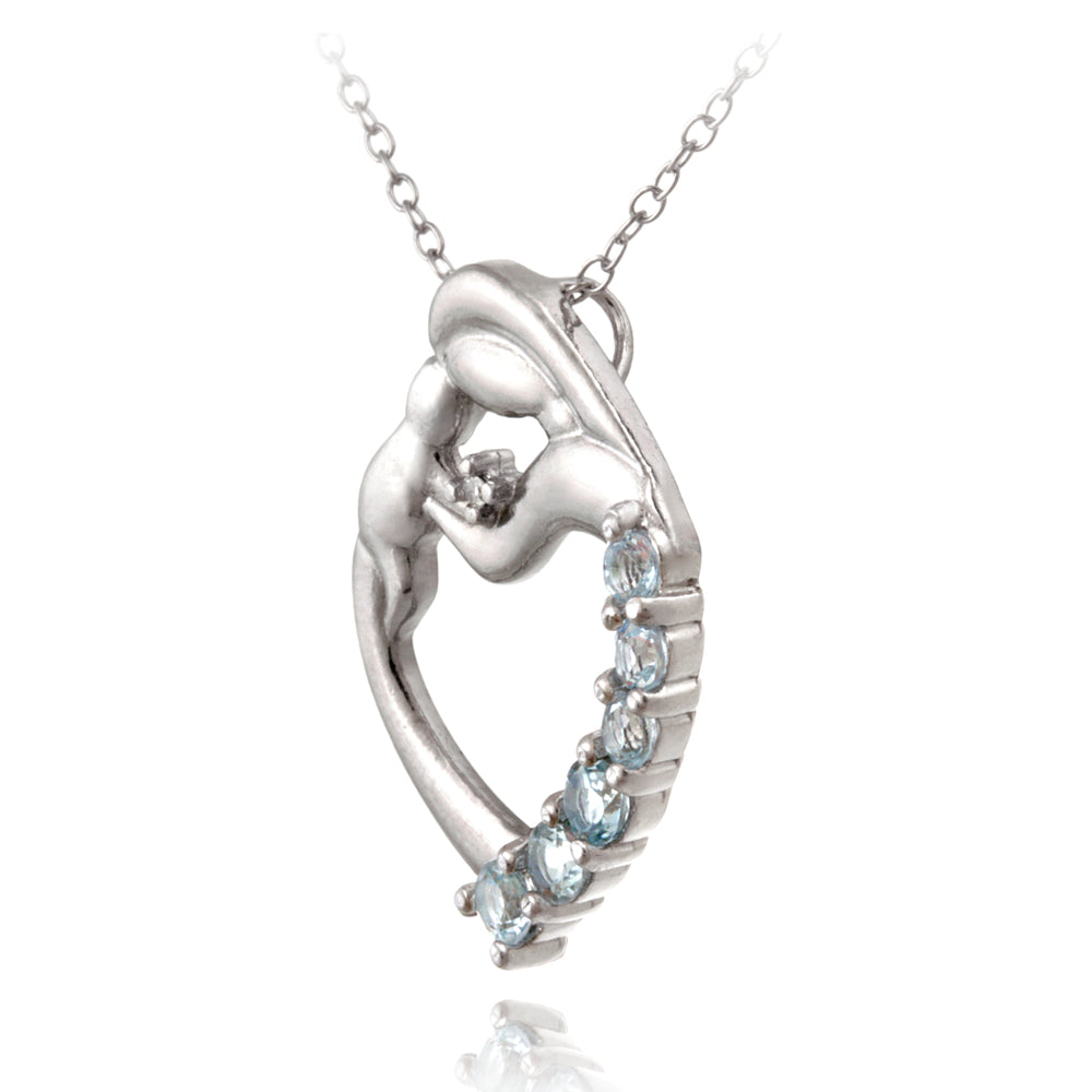 Sterling Silver Blue Topaz & Diamond Accent Mother and Baby Heart Necklace-2