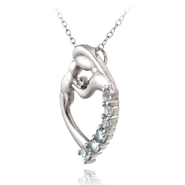 Sterling Silver Blue Topaz & Diamond Accent Mother and Baby Heart Necklace