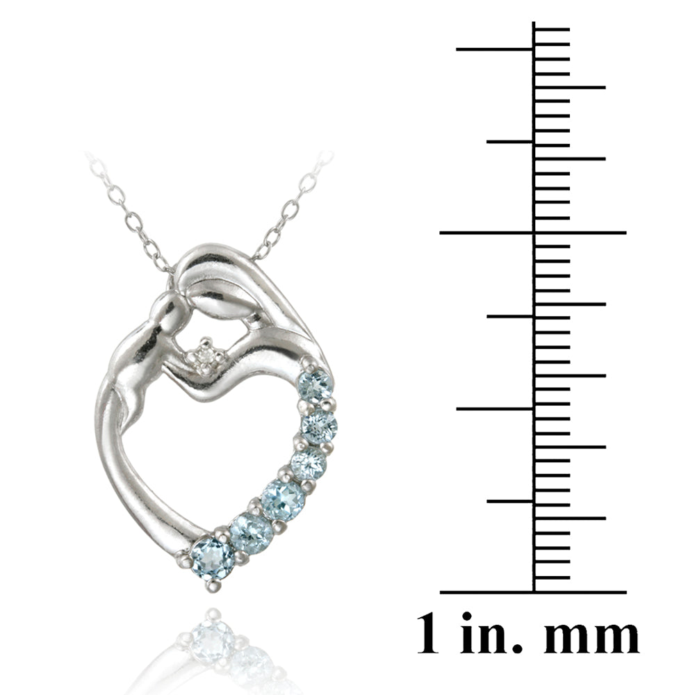 Sterling Silver Blue Topaz & Diamond Accent Mother and Baby Heart Necklace-3