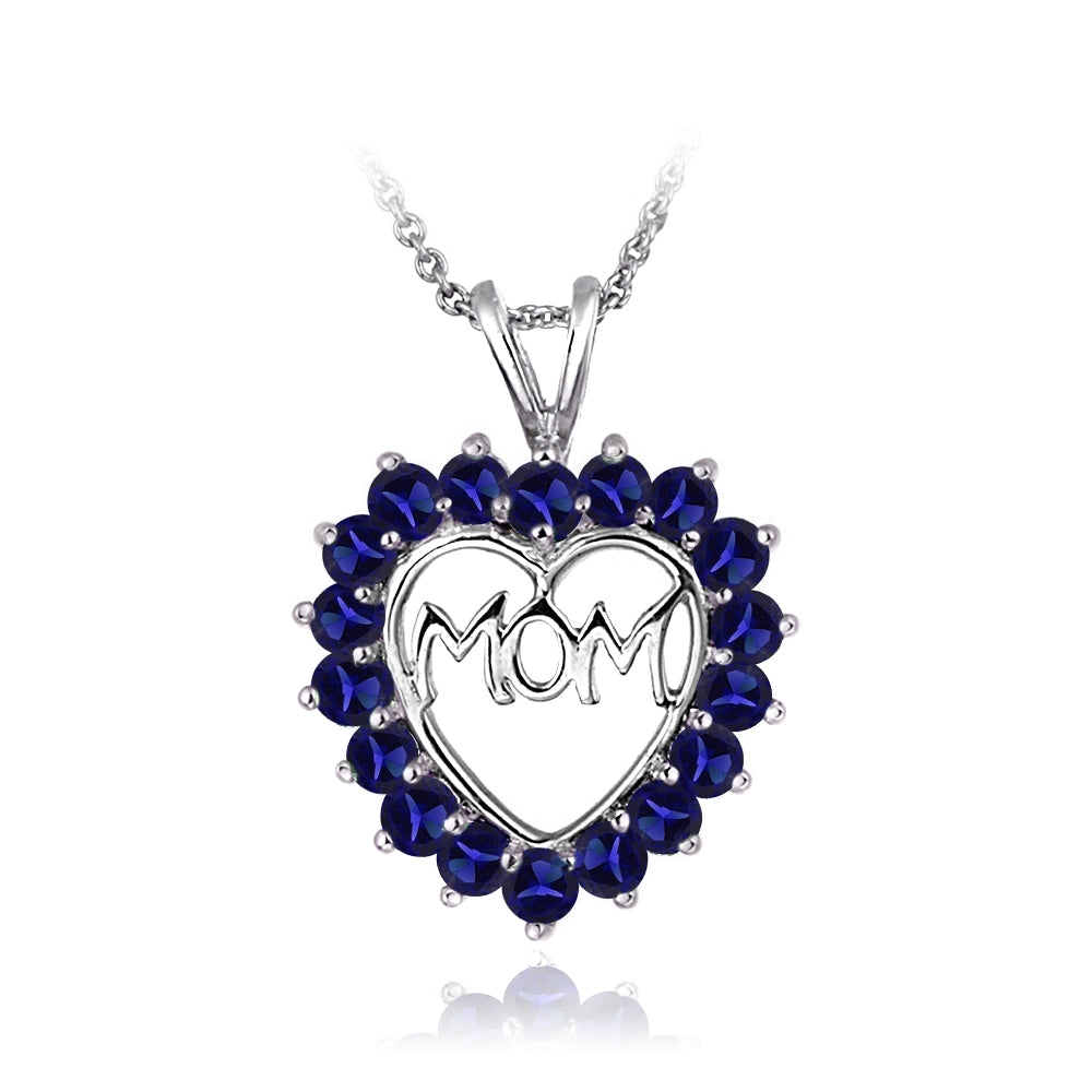 Sterling Silver Created Blue Sapphire MOM Heart Pendant Necklace