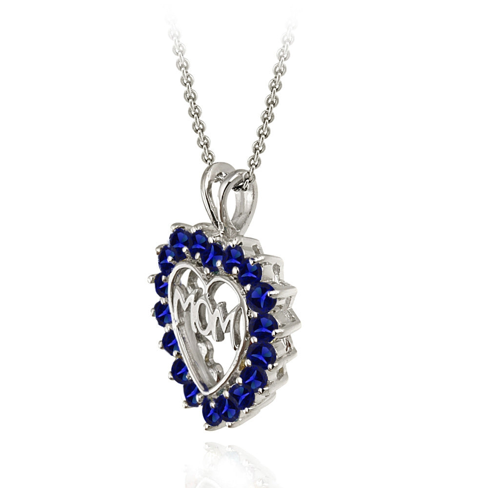 Sterling Silver Created Blue Sapphire MOM Heart Pendant Necklace-2