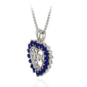 Sterling Silver Created Blue Sapphire MOM Heart Pendant Necklace