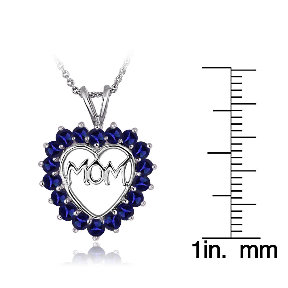 Sterling Silver Created Blue Sapphire MOM Heart Pendant Necklace-3