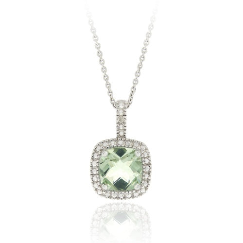 Sterling Silver Green Amethyst & Diamond Accent Square Pendant
