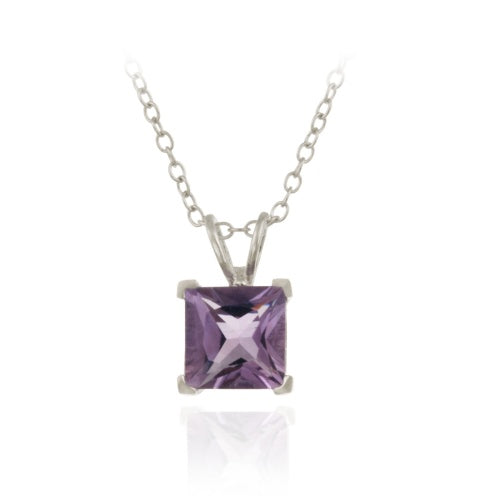 Sterling Silver 1.65ct TGW Amethyst 7mm Square Solitaire Pendant, 18"