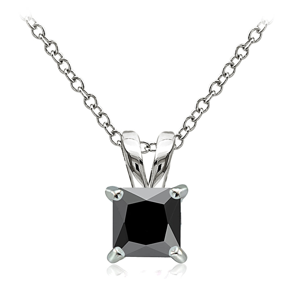 Sterling Silver 2ct Black Cubic Zirconia 7mm Square Solitaire Necklace