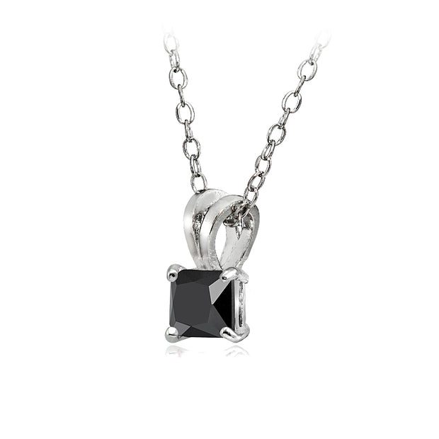 Sterling Silver 2ct Black Cubic Zirconia 7mm Square Solitaire Necklace