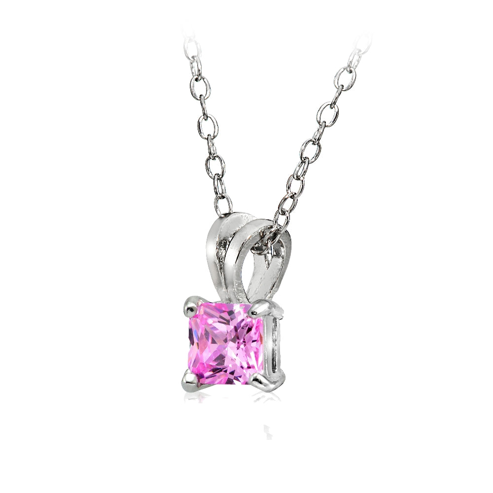 Sterling Silver 2ct Light Pink Cubic Zirconia 7mm Square Solitaire Necklace-2
