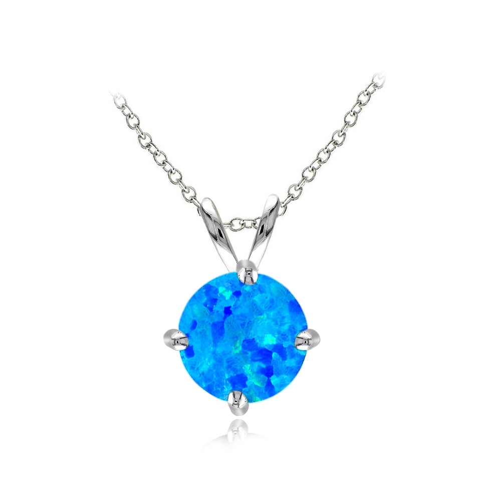 Sterling Silver Created Blue Opal 7mm Round Solitaire Necklace