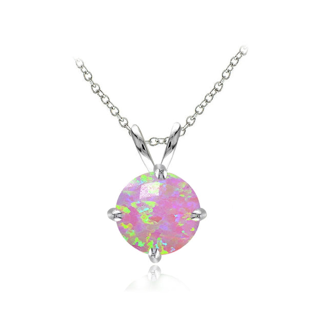 Sterling Silver Created Pink Opal 7mm Round Solitaire Necklace
