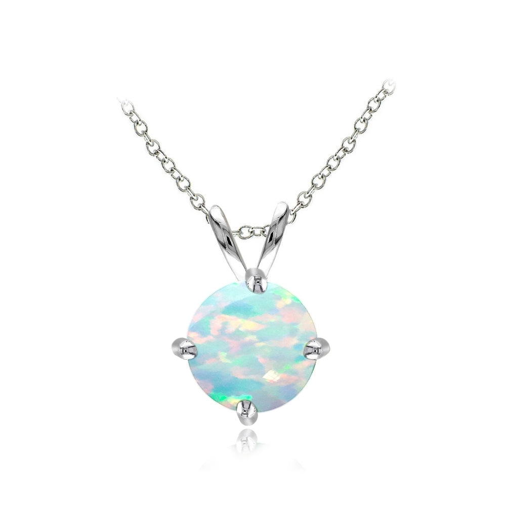 Sterling Silver Created White Opal 7mm Round Solitaire Necklace
