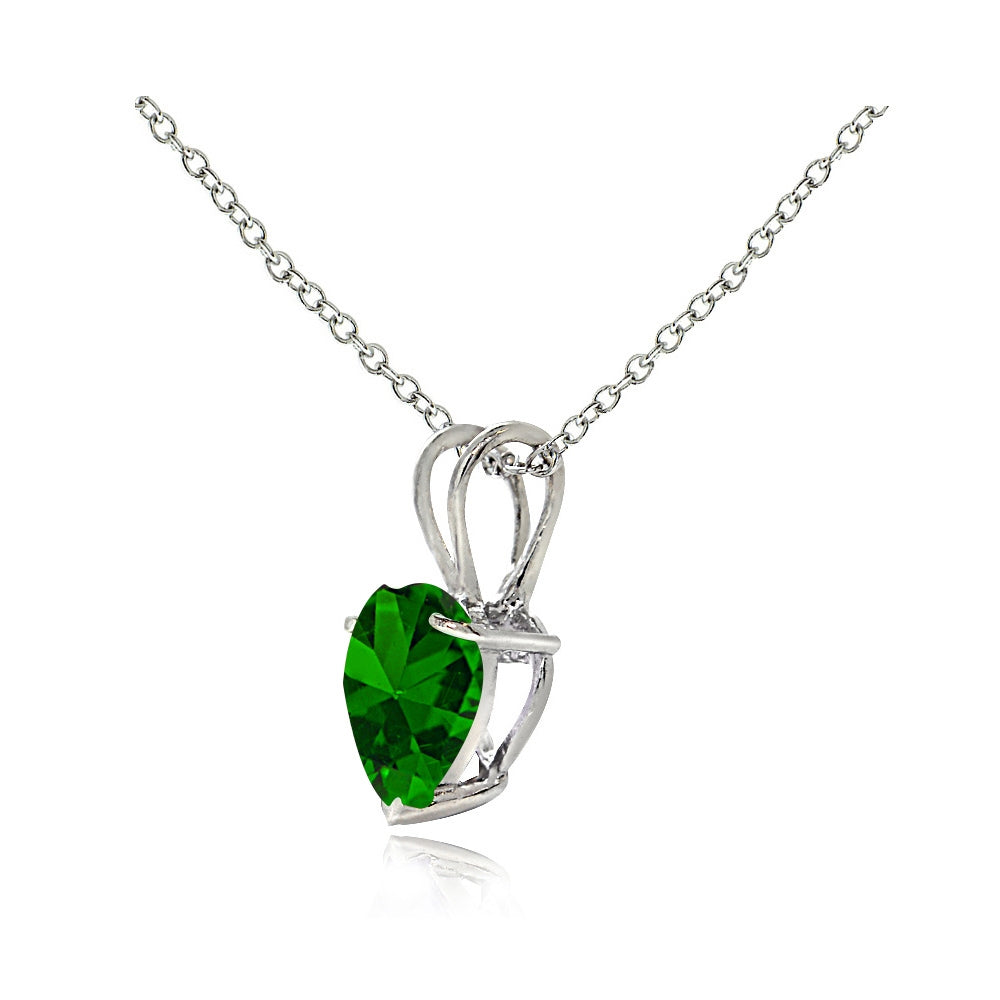 Sterling Silver Created Emerald 7mm Heart Solitaire Necklace-2