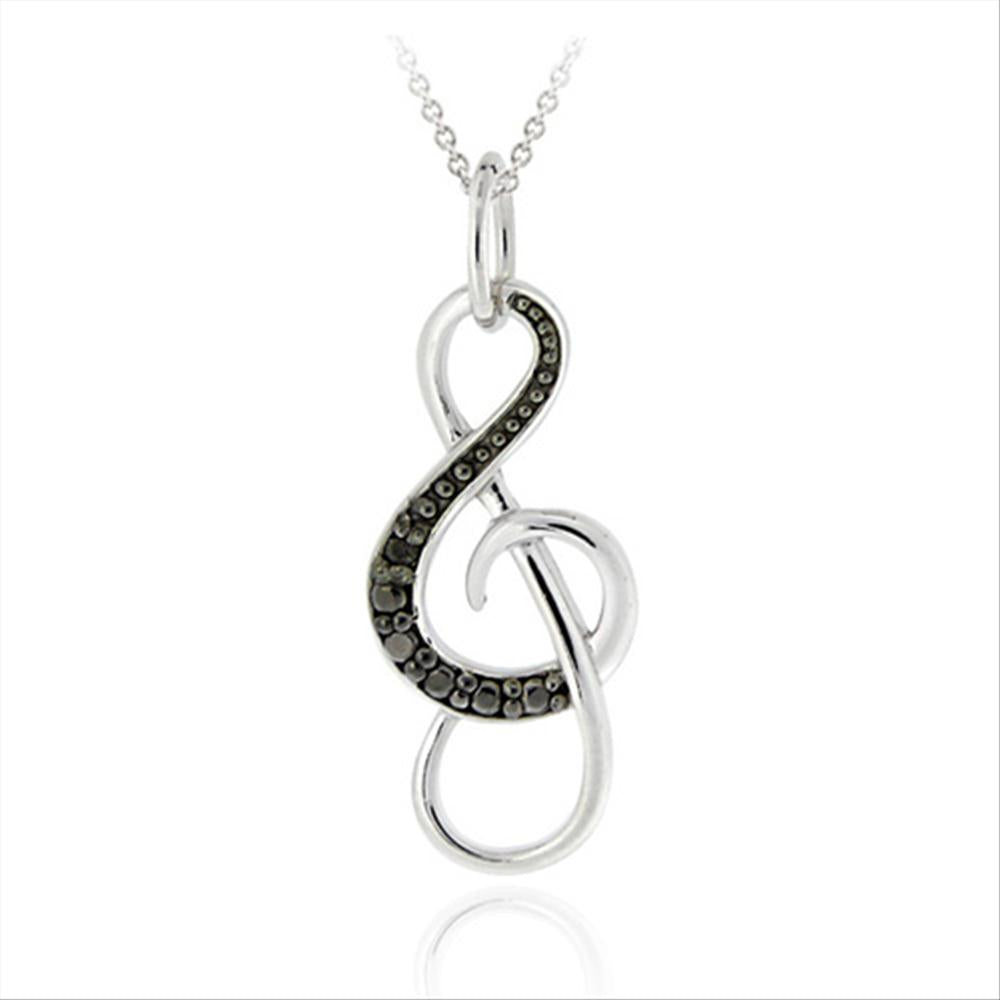Sterling Silver Black Diamond Accent Musical Note Pendant-2