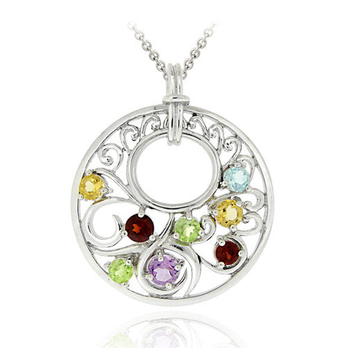 Sterling Silver Amethyst, Blue Topaz, Citrine, Garnet & Peridot Swirl Filigree Pendant